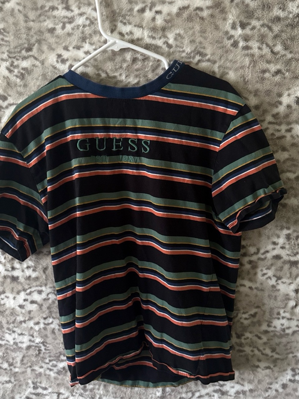 GUESS Black Tee with Green and Orange Stripes